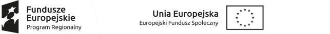 Zestawienie logotypów zawierające od lewej: znak Funduszy Europejskich z podpisem Program Regionalny oraz flaga Unii Europejskiej z podpisem Unia Europejska Europejski Fundusz Społeczny